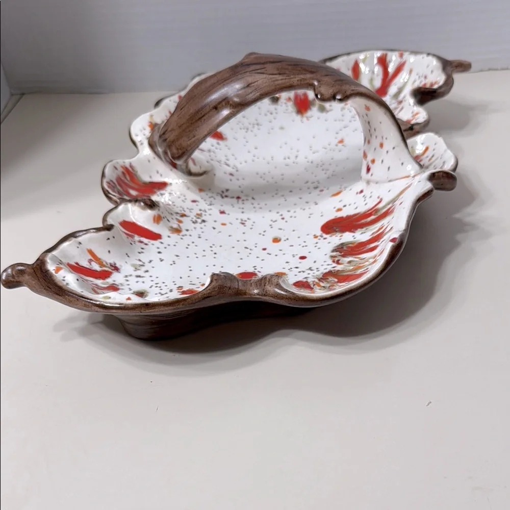 Vintage MCM Ceramic Speckled Splatter Drip Glaze Handle Autumn Leaf Dish Signed